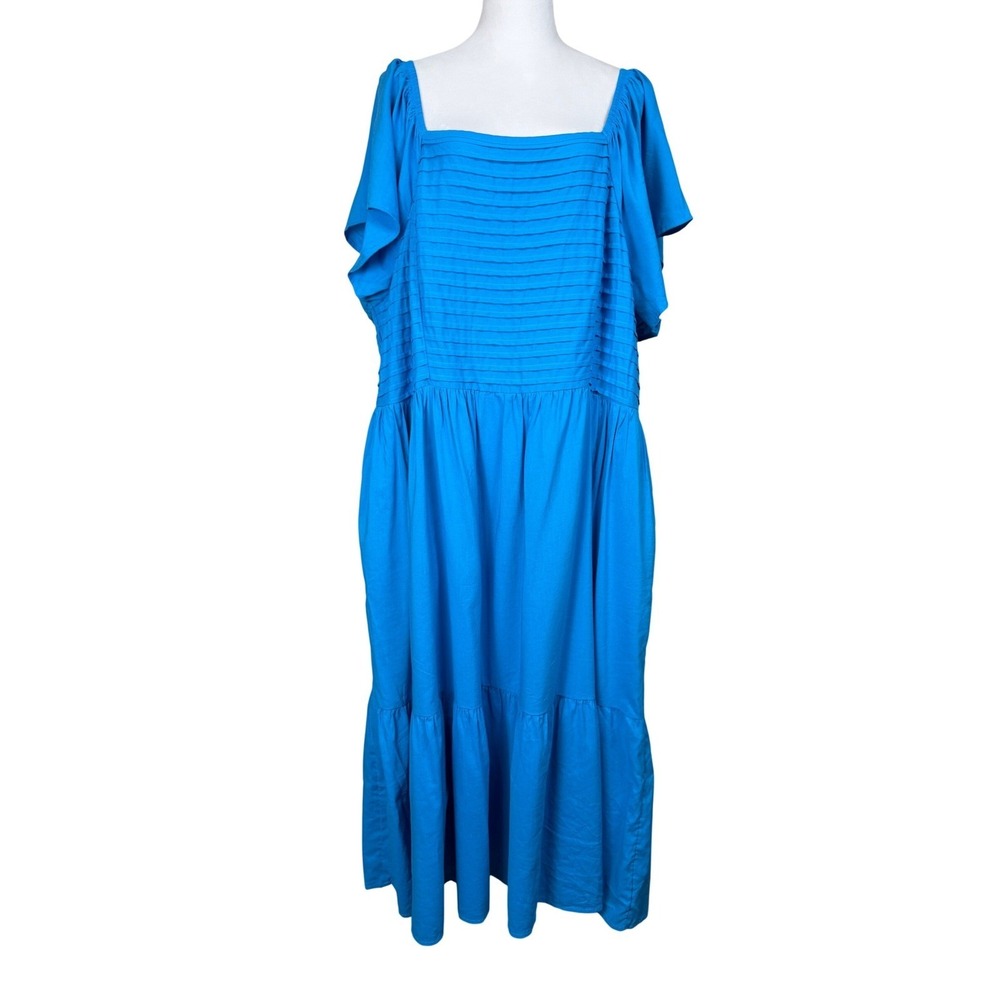 Terra & Sky 3X Blue‎ Pleated Bodice Smocked Back Tiered Midi Dress Pockets